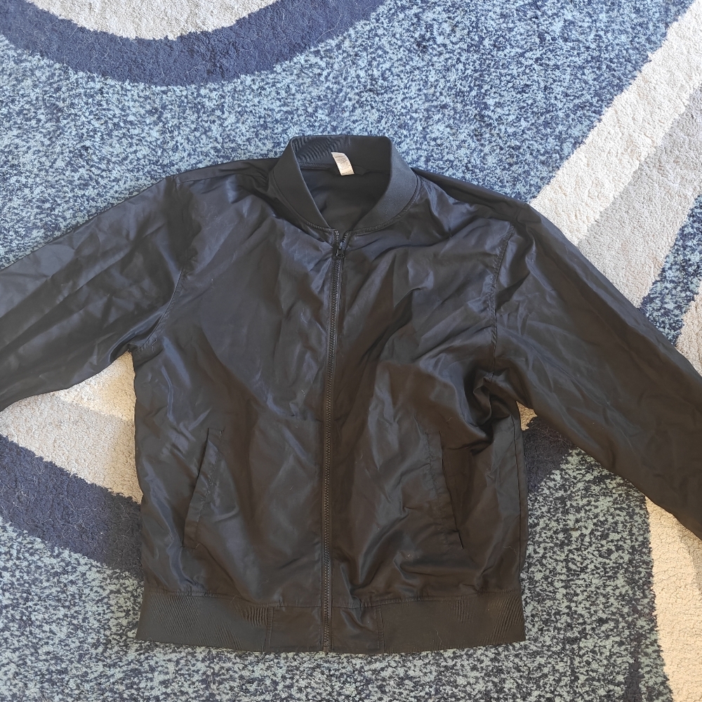 Black Bomber Jacket with Full Zip and Stand Up Collar